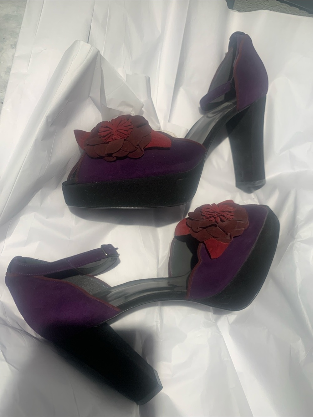 Purple Platform Peep-Toe Heels with Red Floral Accent